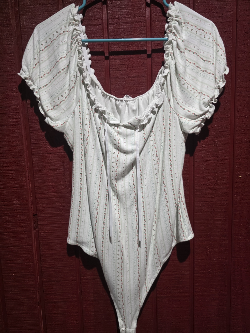 Celebrity Pink White Striped Ruffle Peasant Bodysuit